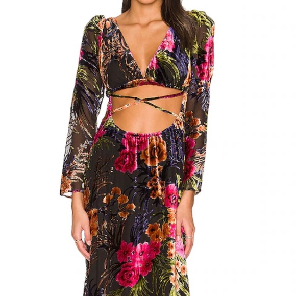 Cut Out Flocked Velvet Dress in Black Multi - Picture 1 of 11